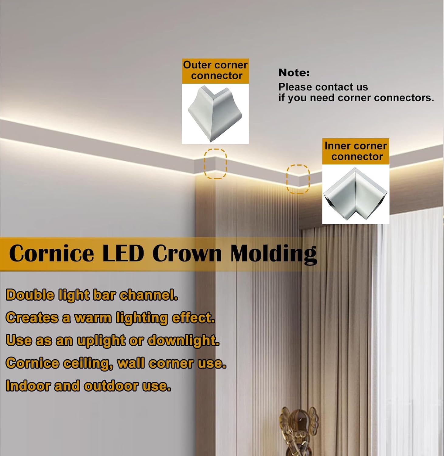 Aluminum LED Ceiling Crown Moulding 3.5"x3.5" Cornice Diffuser, 118" Indirect Lighting Channel, Dual LED Light Fixture for Home Decor, Wall Corner Accent Lighting