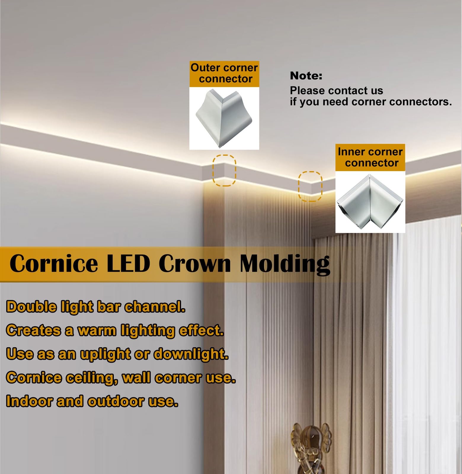 Aluminiowa listwa sufitowa LED, 8,9 cm x 8,9 cm, pośrednie oświetlenie gzyms z podwójnym dyfuzorem światła, 17 m, narożny kanał ścienny do nowoczesnego wystroju