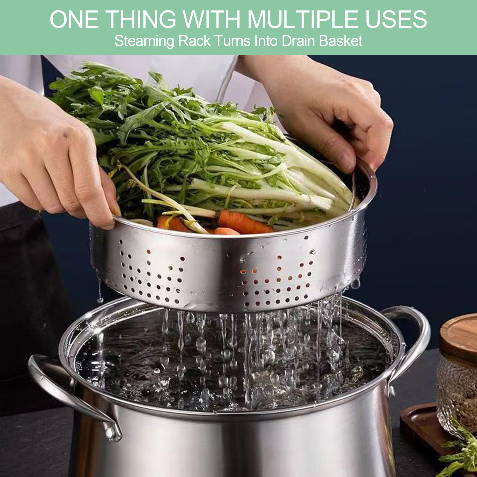 Pentola in Acciaio Inox 23,5 cm, Pentola per Pasta 7 Litri con Colino e Presina, Stockpot Capiente con Coperchio in Vetro, per Tutti i Piani Cottura, Adatta Alla Lavastoviglie