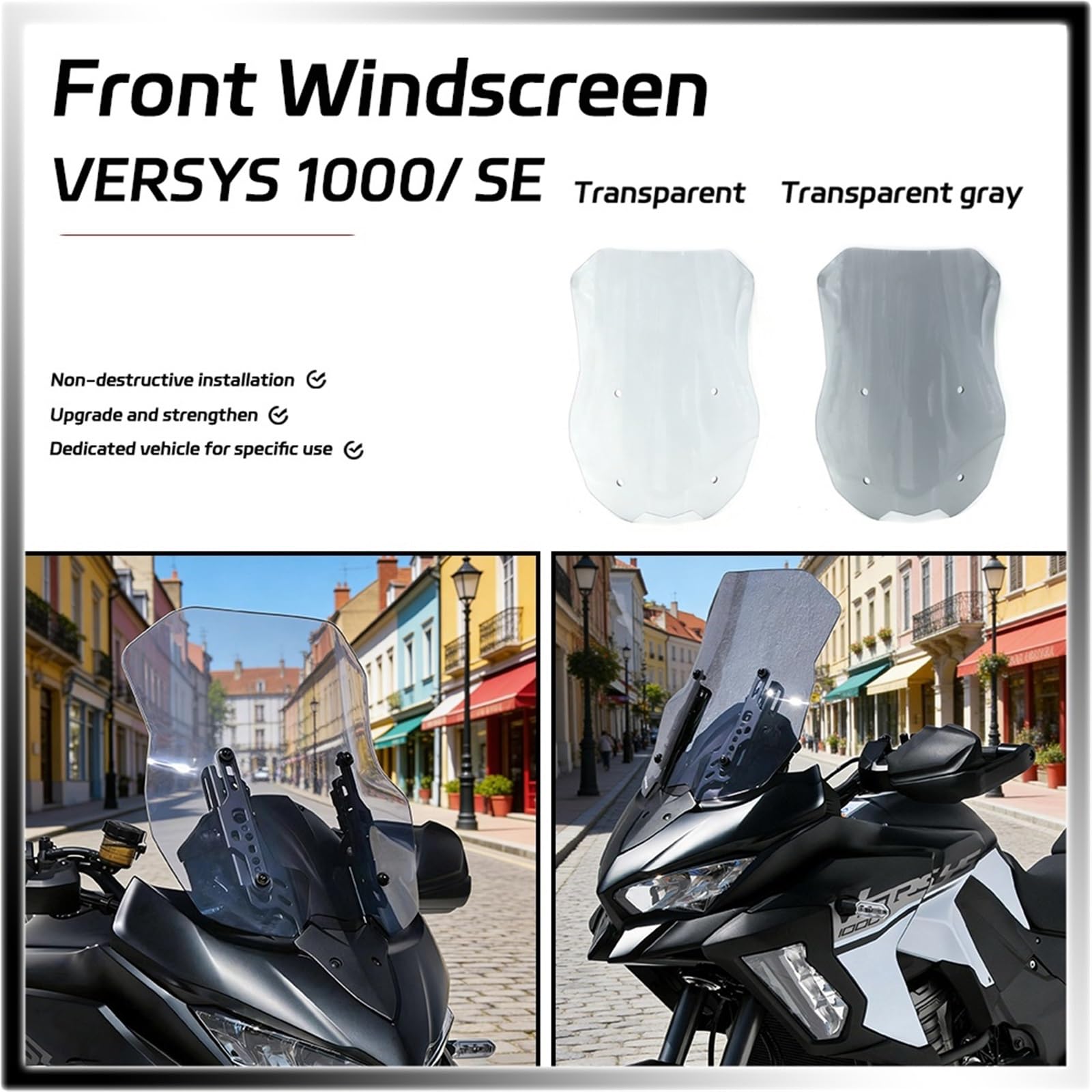 Szybka szyba motocyklowa Pasuje do KAWASAKI VERSYS 1000 SE | Podwyższony deflektor przedniej szyby motocykla(Transparent gray)