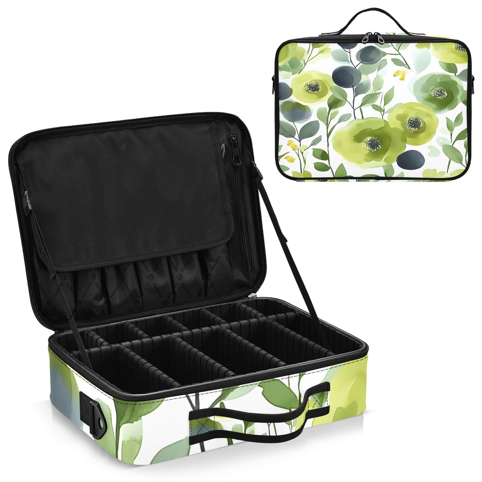 zyrtty Travel Makeup Train Case Flowers Green Leaves Pattern Cosmetic Organizer Portable Storage Bag with Adjustable Dividers for Cosmetics Brushes Toiletry Jewelry Digital Accessories