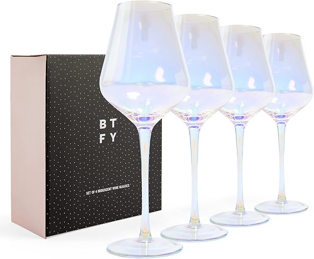 BTFY Iridescent Wine Glasses Set of 4 - Lightweight, Rainbow-Pearl Drinking Glasses for White, Red or Rosé Wine - 550ml Long Stem - Durable Barware with Gift Box Included - 4Pack