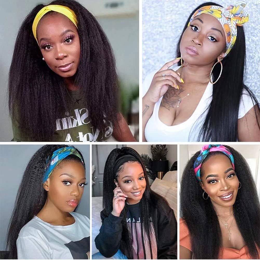 Parrucca Fascia Capelli Donna Brasiliana Yaki No Lace Frontale Headband Wigs Parrucche Dei Capelli Umani Per Le Donne Donne Nere Colore Naturale 180% Densità 12 Pollici Kinky dritto Half Black Wig