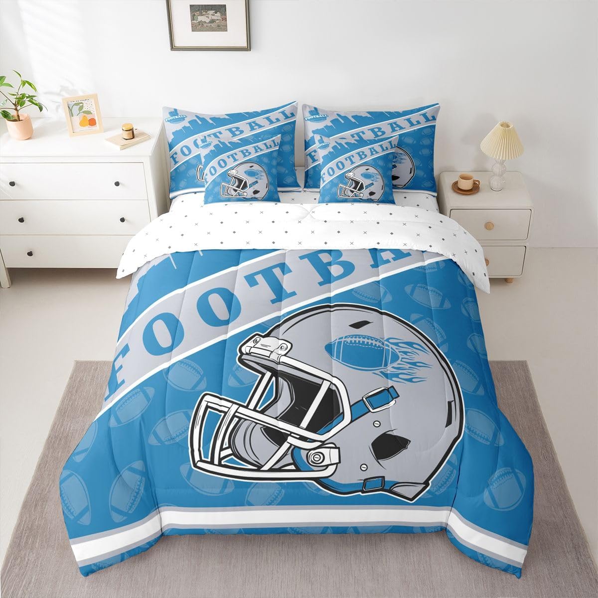 Erosebridal Football City Sports Helmet Comforter Set with Sheets, 7Pcs Gridiron Theme Bedding Kids Sports City Silhouette Illustration Bed Set King Size for Rugby Fans Gift