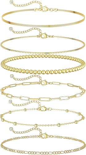 DEARMAY Dainty Silver Plated Chain Bracelets for Women Trendy, Waterproof Silver Jewelry Sets Fashion Stackable Beaded Figaro Herringbone Paperclip Chain Bracelet Pack Stack Gifts