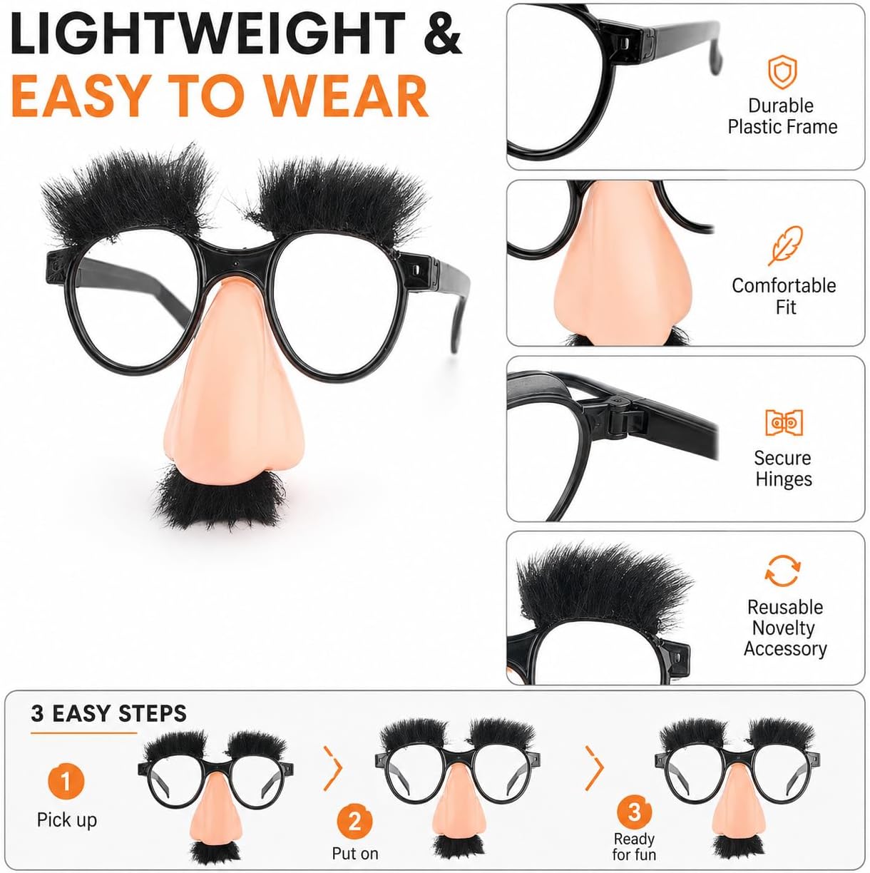 Funny Big Nose Glasses with Eyebrows and Mustache, Silly Fancy Dress Accessories, Novelty Photo Props