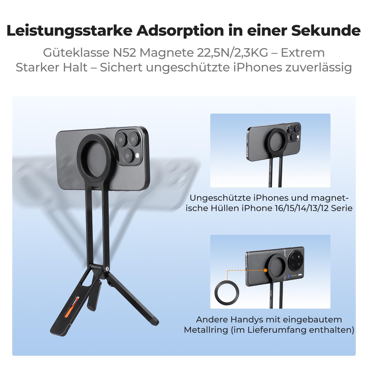 K&F Concept MS-47 Magnetisches Handy Stativ, tragbares Mini Selfie Stick Stativ für Smartphone mit 360°Drehung, rutschfeste Silikonpolster für stabilen Halt, Kompatibel mit iPhone, Samsung&Android