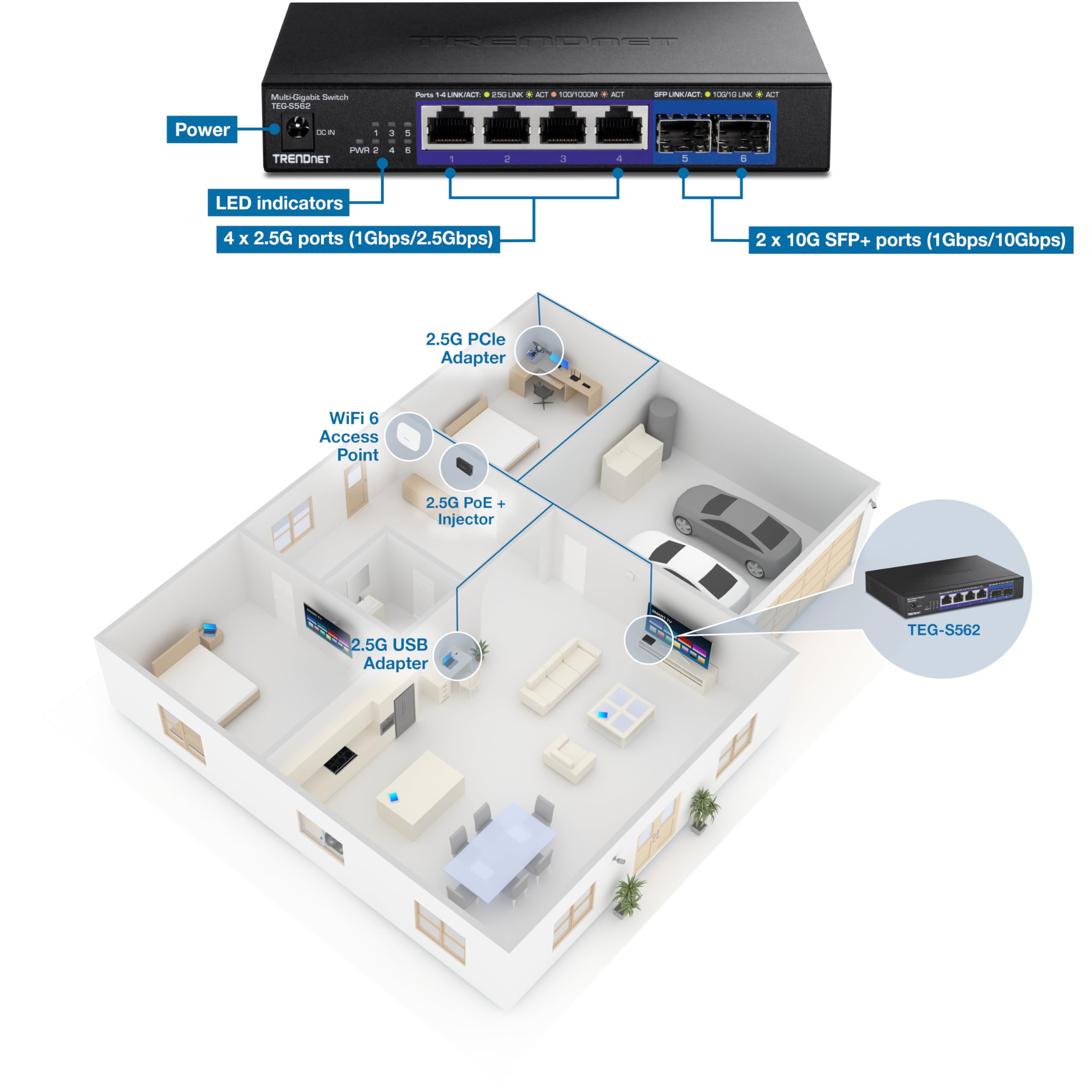 TRENDnet, TEG-S562, Switch multi-gig non gestito a 6 porte, 4 porte 2,5GBASE-T, 2 porte SFP+ 10G senza ventola, design desktop compatto, alloggiamento in metallo, switch Ethernet di rete, nero