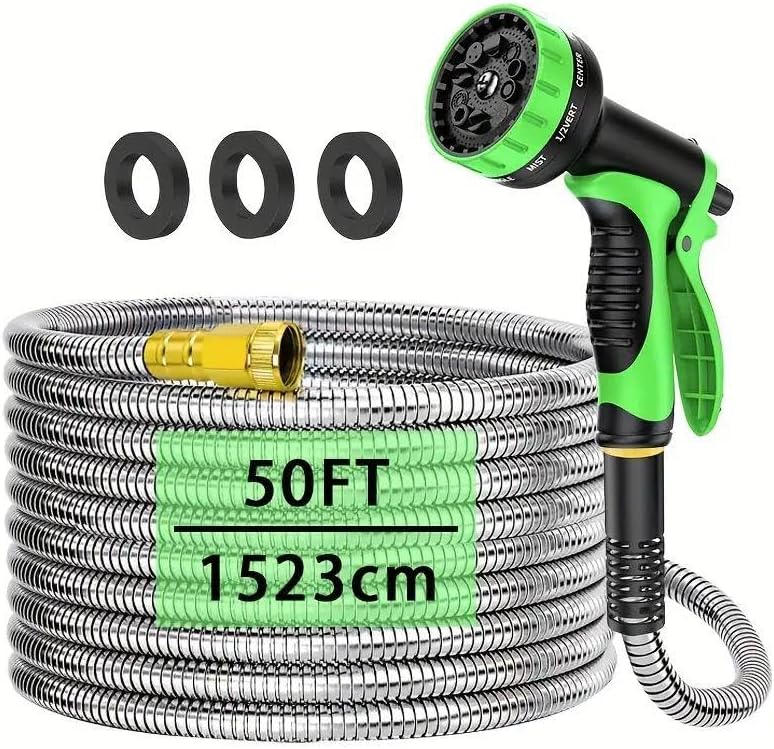 Durable stainless steel heavy-duty garden hose -25 feet/50 feet/100 feet, American standard thread, suitable for pets, cars, outdoor yards, and lawns (50FT)