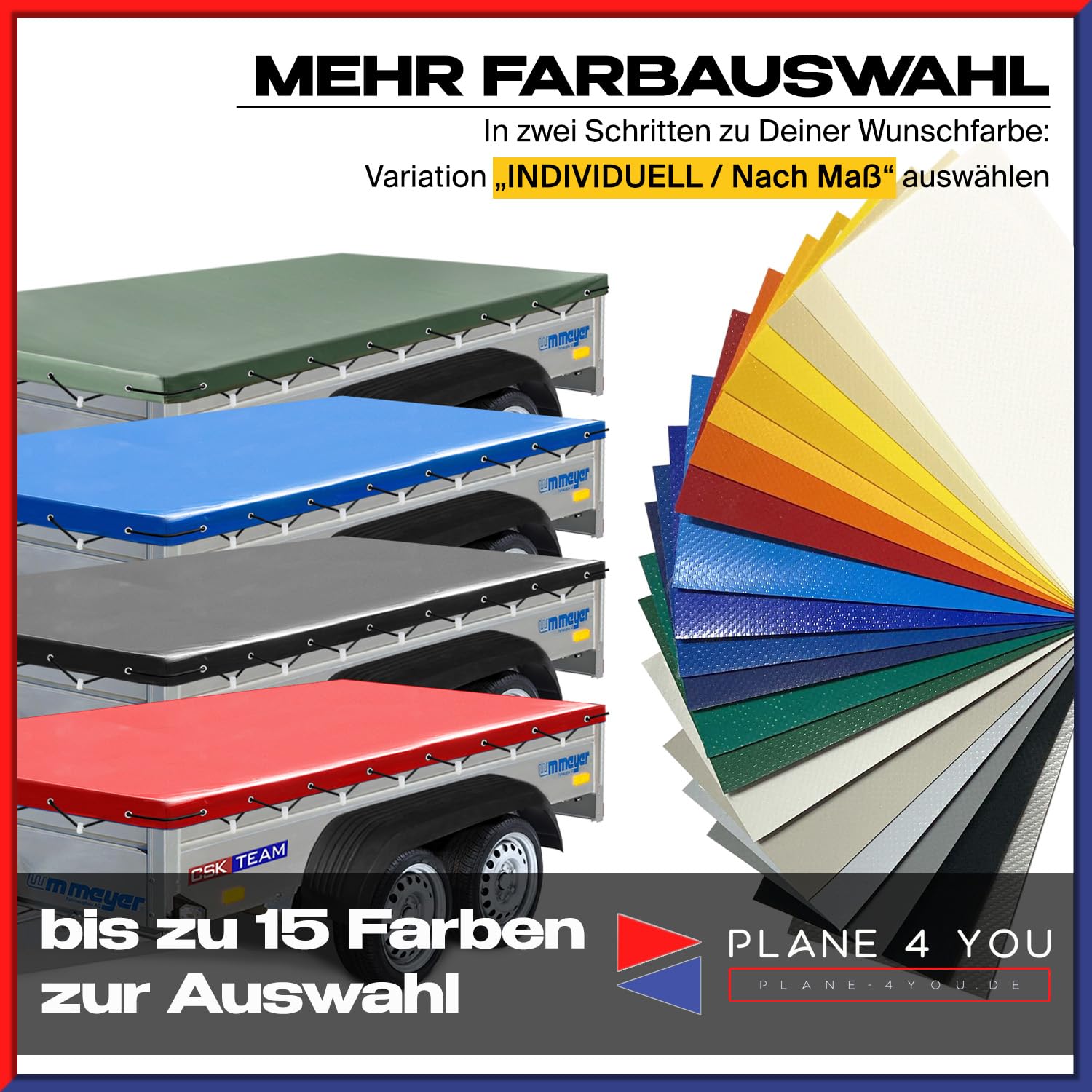 WM Meyer Anhängerplane - Hochwertige Plane Nach Maß in 15 Farben - Flachplane für PKW-Anhänger - Wasserdichte PVC Abdeckplane Mit Zubehör