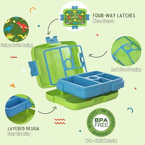 Miniatura 2 de HiYZ Lonchera Bento para niños, a prueba de fugas, con 5 compartimentos, sin BPA, materiales seguros para alimentos, apta para lavavajillas, tamaños