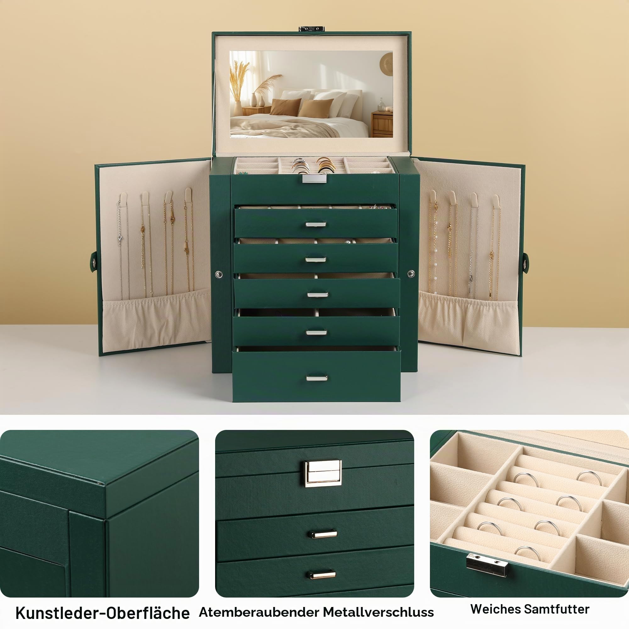 Frebeauty Große Schmuckschatulle, 6-stöckig, PU-Leder, Schmuck-Organizer, multifunktionale Aufbewahrungsbox mit Spiegel, Zubehörhalter mit 5 Schubladen für Halsketten, Armbänder, Uhren (Schwarzgrün)