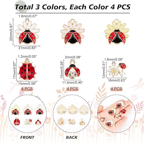 Miniatura 4 de PH PandaHall 24 dijes de mariquita de 6 estilos esmaltados de flores de mariquita, colgantes de escarabajo rojo, dijes de mariquita con diamantes de