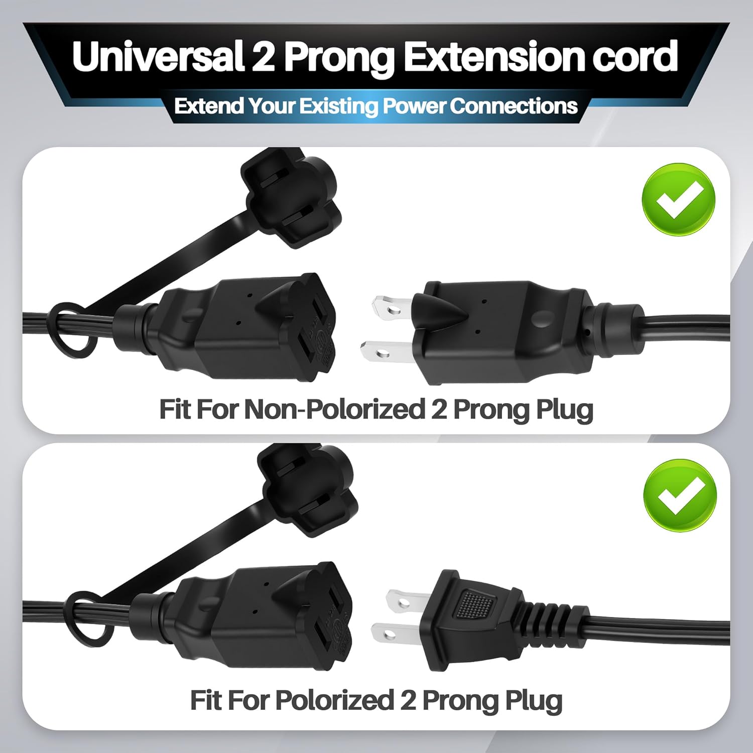 3-Pack Short 2 Prong Extension Power Cord with Safety Plug Cap 2Feet, Multiple Angles (45Degree/90Degree/ Straight) US AC 2-Prong Male to Female Extension Power Cord 10A 125V,NEMA 1-15P to 1-15R Cable