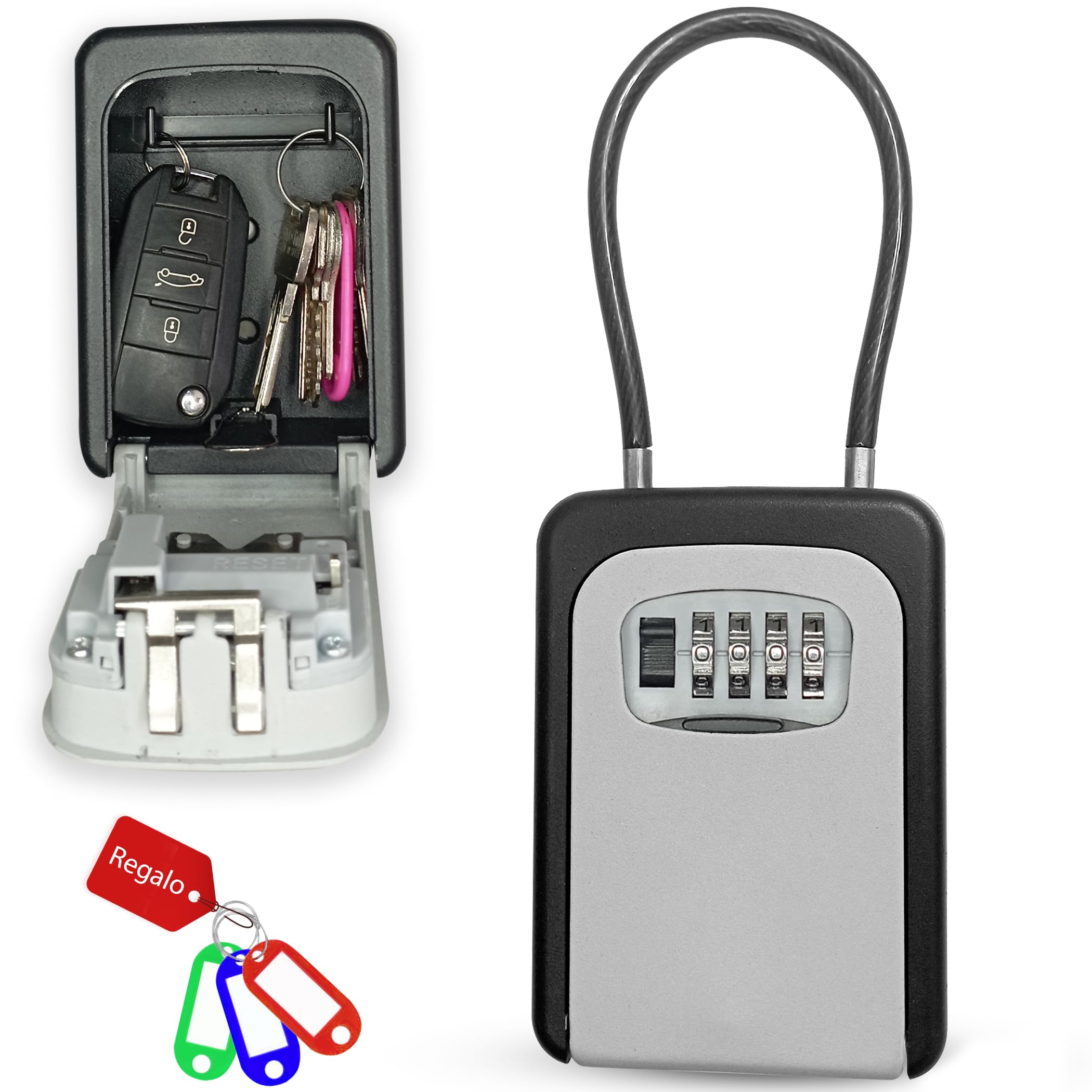 QJF Caja de Seguridad para Llaves con Código de 4 Dígitos para Pared o Colgar en Exterior o Interior, Casas, Vvdas Turísticas, B&B. Cajetín Llaves con Código de Fácil Instalación. Llaveros de Regalo.