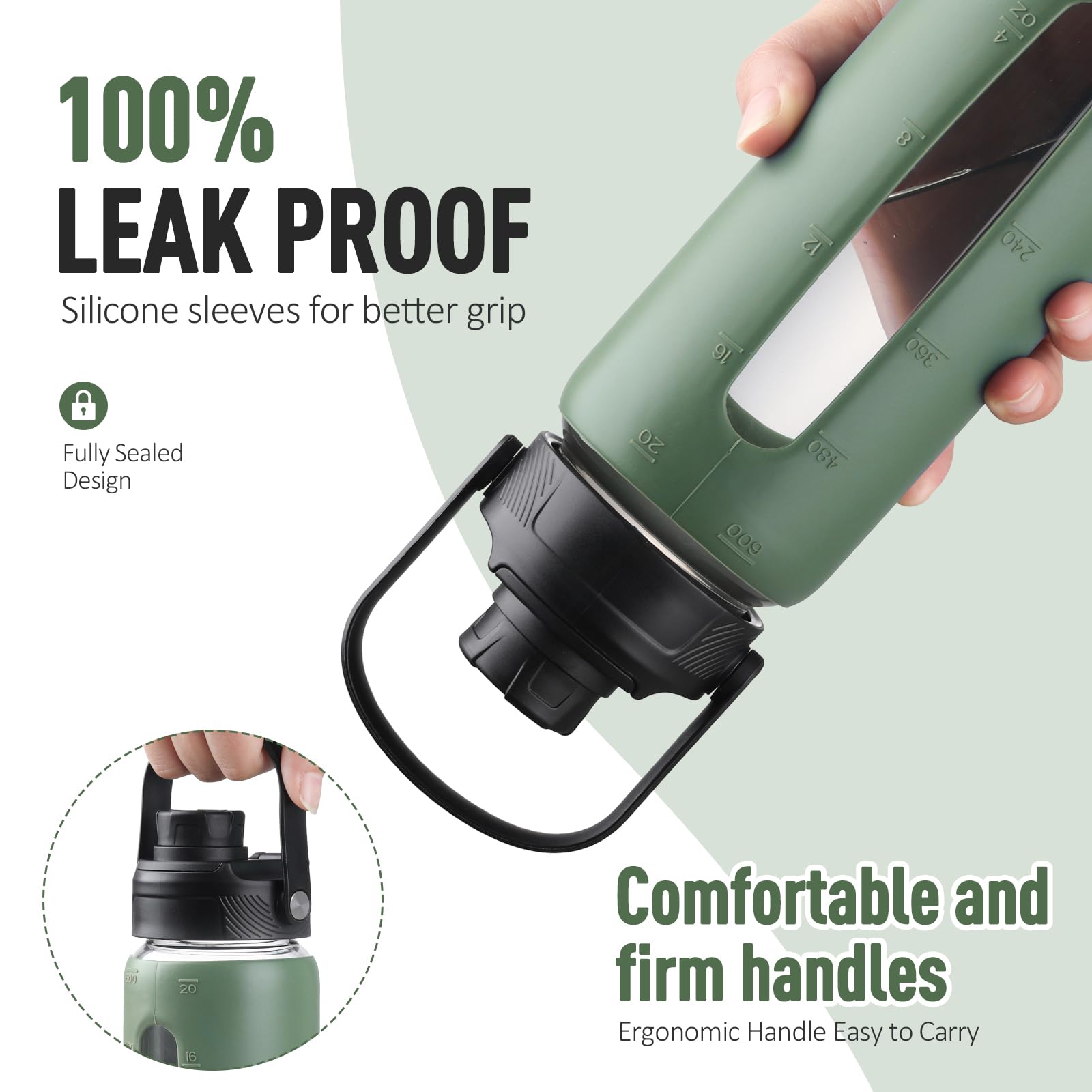 BLUEGO Borraccia in vetro da 600ml con cannuccia e 2 coperchi, tazza da caffè in vetro con custodia in silicone, senza BPA, Verde oliva