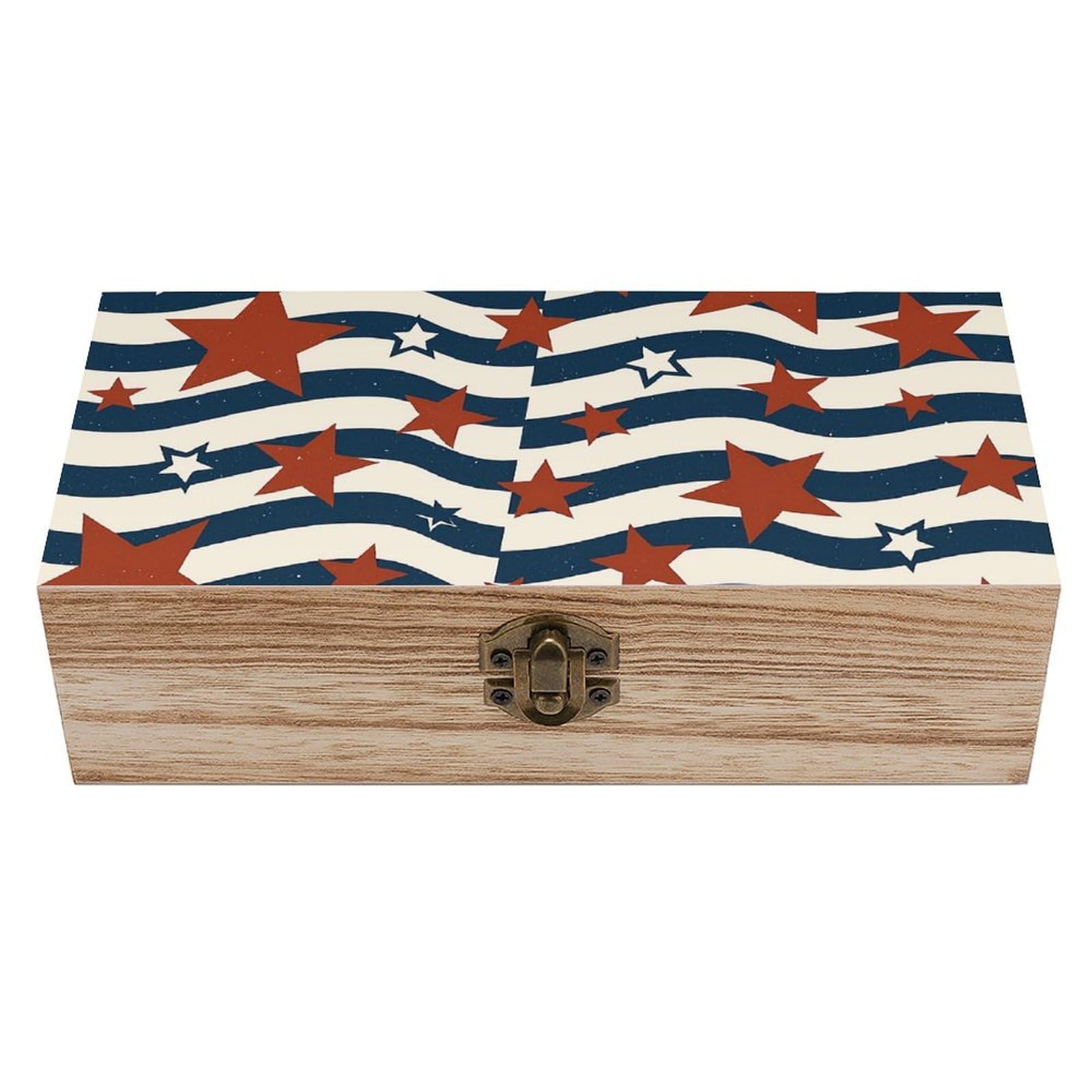 Oudrspo Vintage Stars And Wave Stripes Retro Wooden Storage Box Keepsake Jewelry Decorative Art Storages Box Gift Boxs