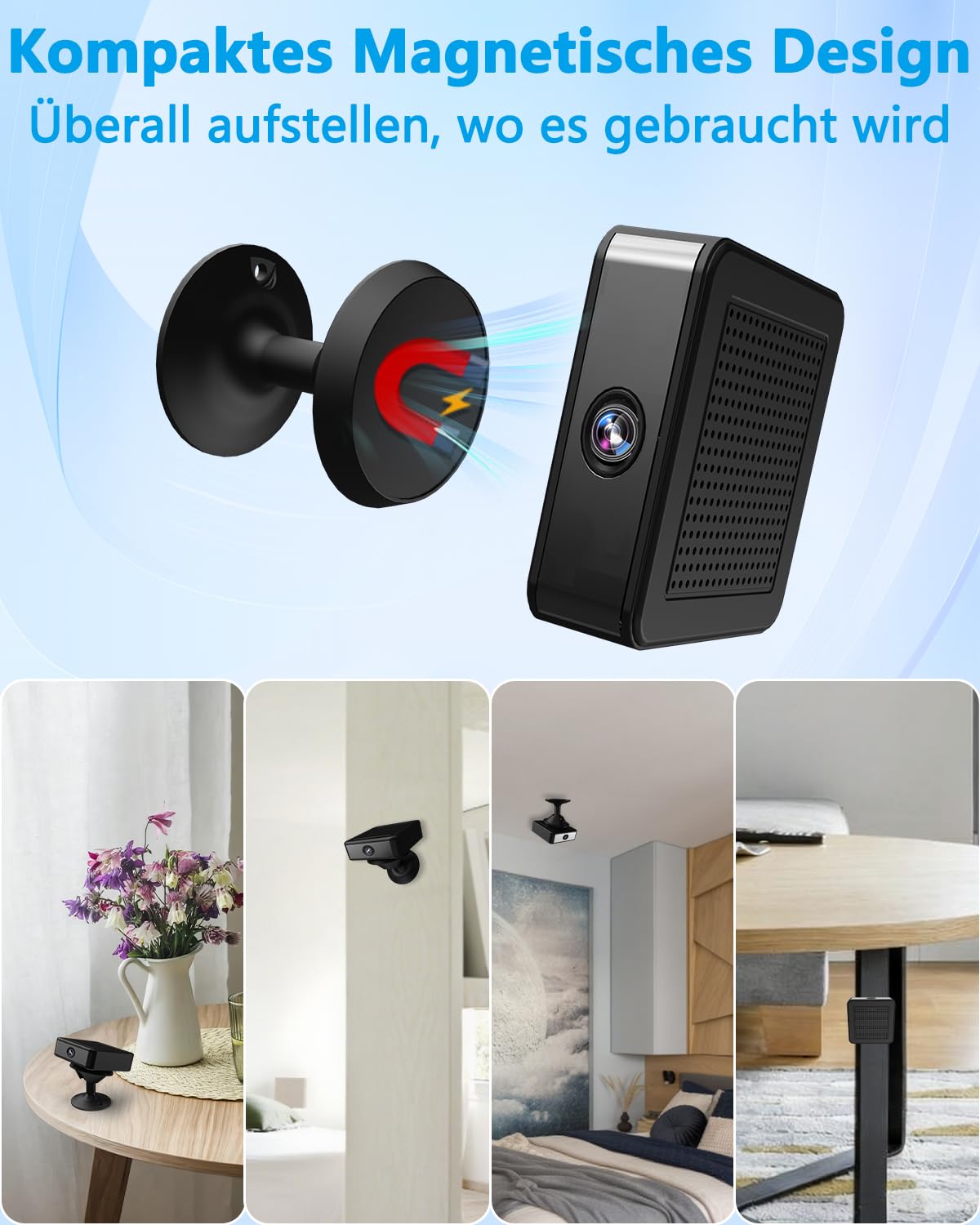 Mini Kamera Überwachungskamera Innen Ohne WLAN, Flexible Offline oder WLAN | Nachtsicht, Bewegungserkennung, Magnet Halterung, 4K Mini Überwachungskamera Akku für Innen/Außenbereich