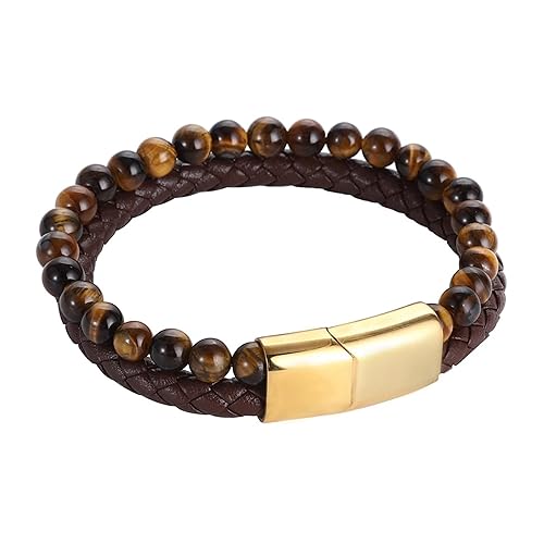 Multilayer Tiger Eye and Braided Genuine Leather Bracelet for Men. Triple Protection Bracelet, Stainless Steel Magnetic Clasp. (8.8inches, Gold