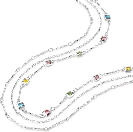 TutuTiara. Charm Strand Sweater Chain Necklaces, Adjustable Fashion Jewelry, Low Hypoallergenic, Multi-layered Square Colored Zircon French Clavicle Chain, Perfect Gifts Elegant Neckwear