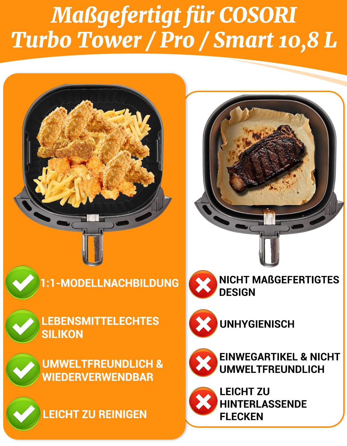 Silikonform Heißluftfritteuse Zubehör Exklusiv für Cosori Turbo Tower, Cosori Turbo Tower Pro & Smart 10,8L Double Stack Airfryer, Wiederverwendbar Air Fryer Silikon Einsatz (6,5L & 4,3L)