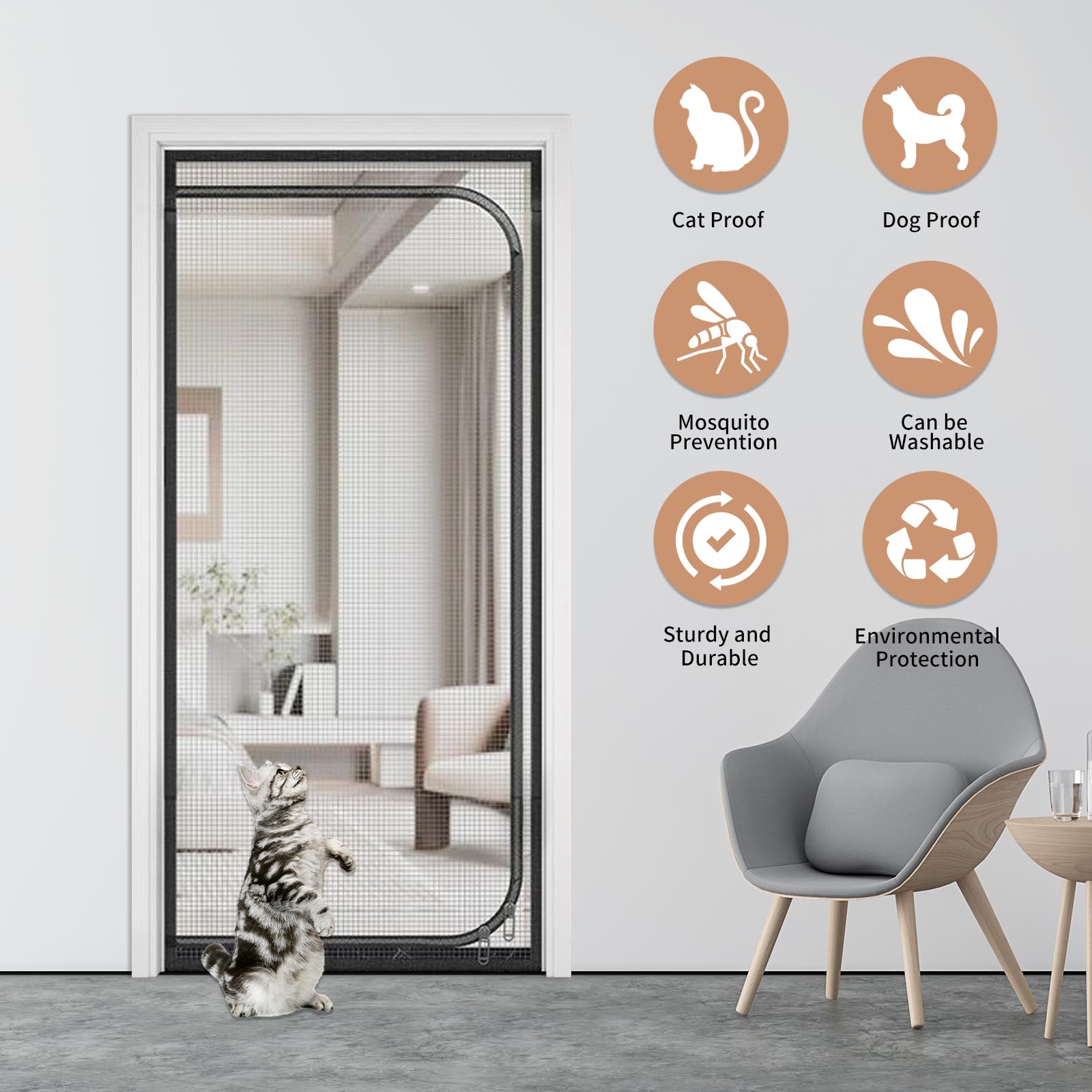 katzengitter balkontür, Verdickte Hund Katze Gittertür mit Reißverschluss, Türnetz Verhindern die Katze herausläuft, Katzenschutzgitter für Wohnzimmer, Schlafzimmer (Schwarz, 80 * 200cm)