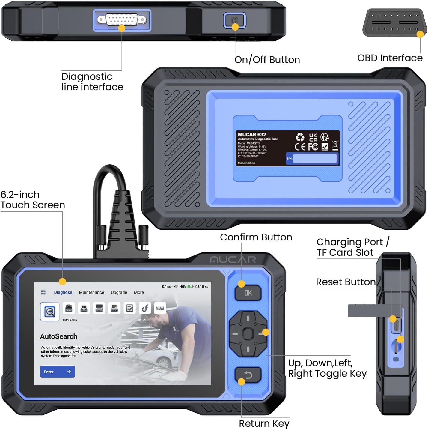 Contents of the MUCAR 632 package: scanner unit, diagnostic cable, and Type-C cable.