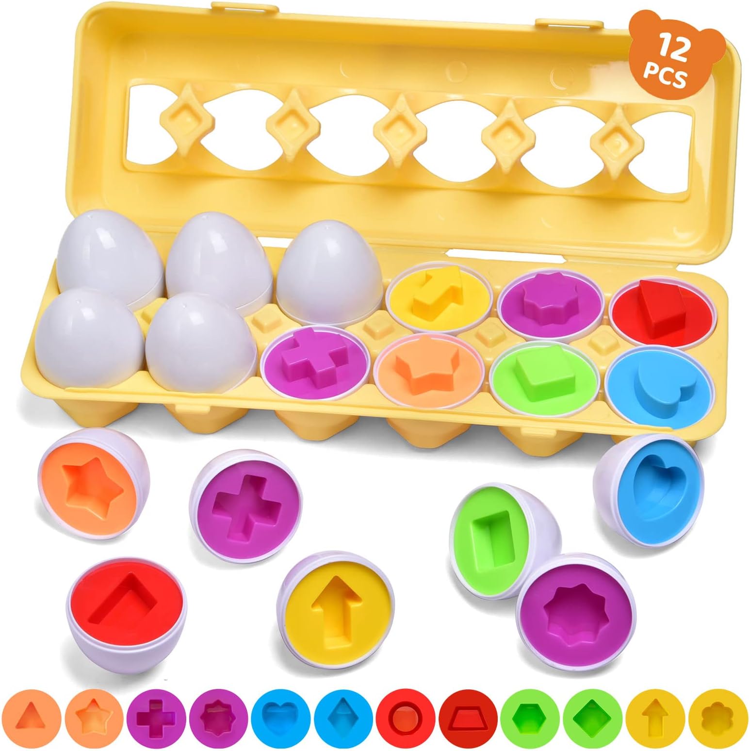 12 Matching Eggs for Toddler 1-3, Educational Learning Eggs Toys Color and Shape Sorting Recognition Skills Puzzle Toys Easter Basket Stuffer