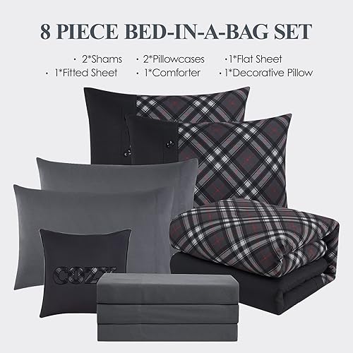Miniatura 6 de WRENSONGE Juego de edredón matrimonial a cuadros, 8 piezas con estampado gris y empalmado a cuadros de espiga, juego de edredón de microfibra suave