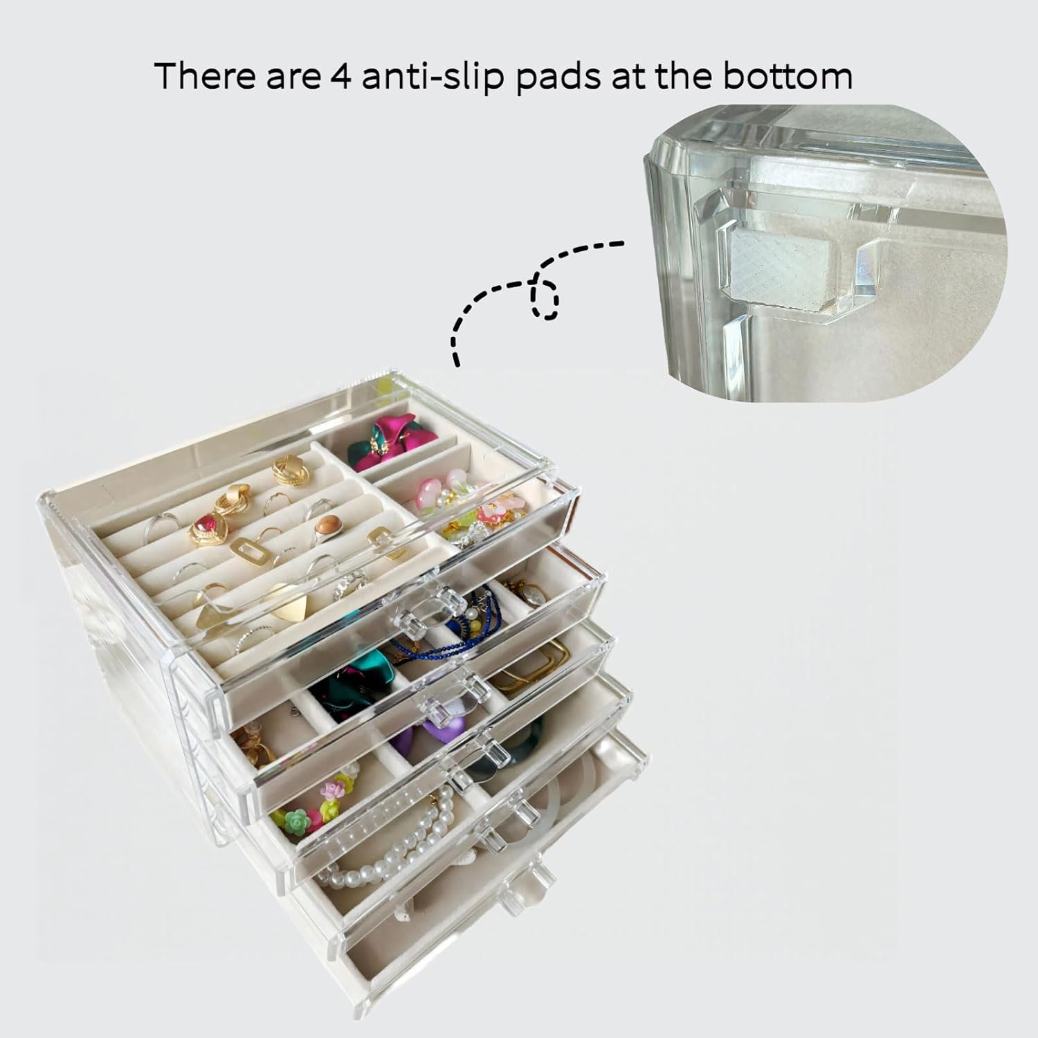 Clear Acrylic Jewelry Organizer with 5 Drawers, Acrylic Jewelry Box with Velvet Trays for Women, Transparent Earrings Display Holder for Storing Necklaces Earrings Rings, Beige - Image 2