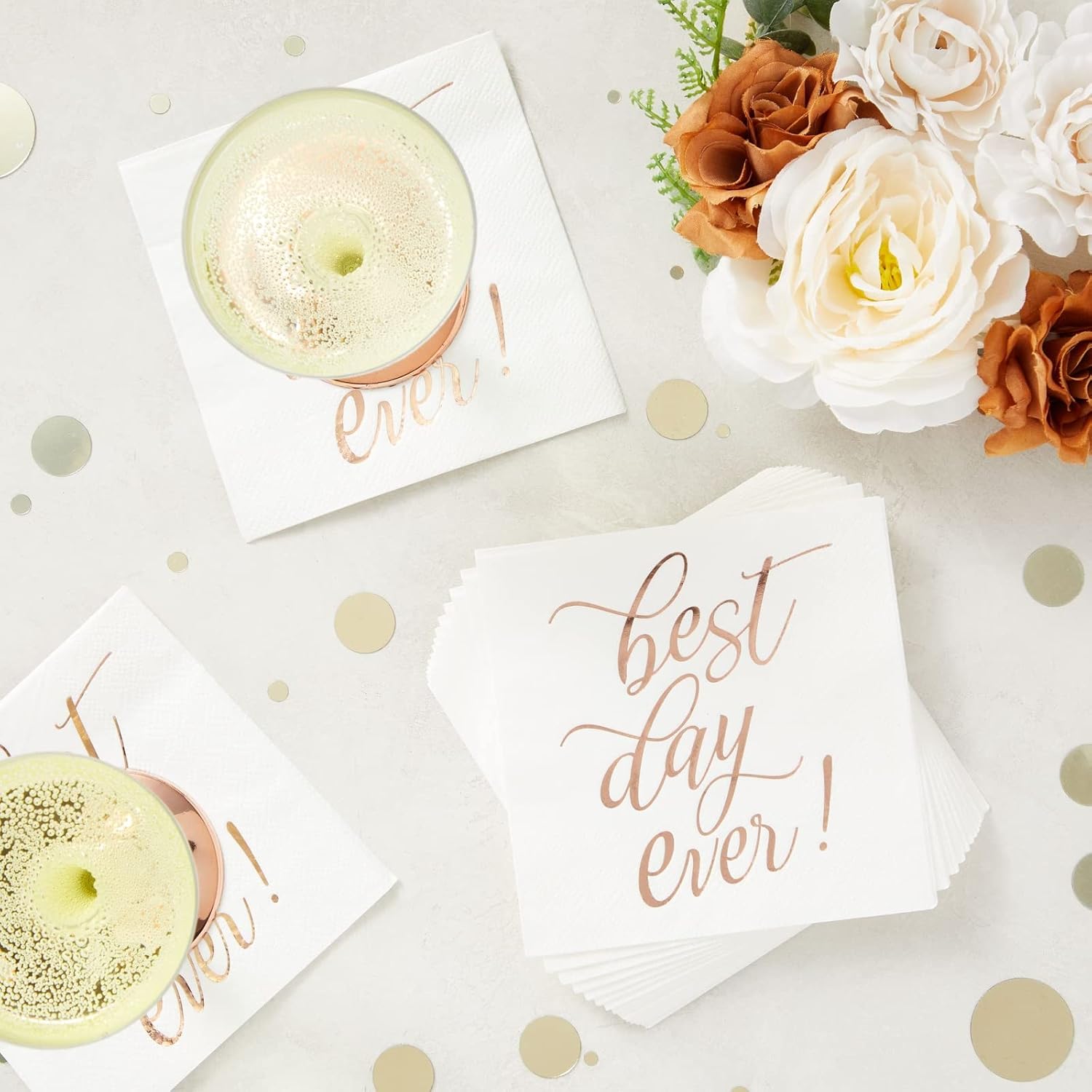 50-Pack Best Day Ever Wedding Napkins for Reception, Rose Gold Cocktail Napkins for Bridal Shower, Birthday Party Supplies, Tea Party, Bachelorette Party (5x5 In)