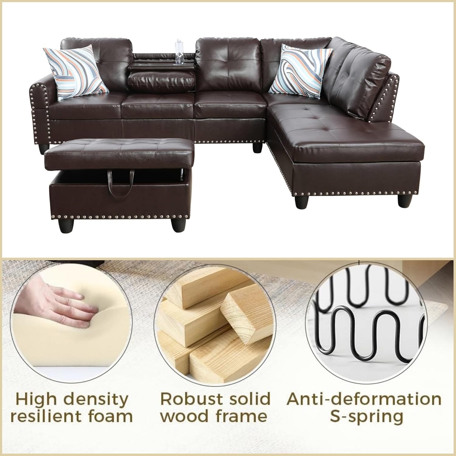 FONTOI Leather Sectional Couch with Otttoman, 97" L Shaped Couch Sectional Sofa for Living Room, Modern Modular Couches with Cup Holders for Bedroom, Apartments, Brown