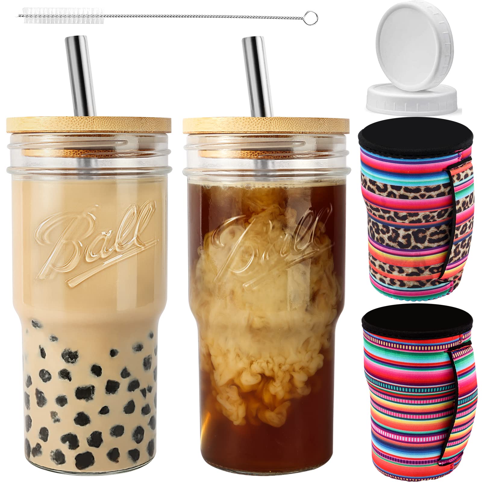 Buy Reusable Glass Boba Cup Smoothie Tumbler and Insulated Sleeves, 2 Pack 24oz Mason Jar Cups