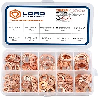 200pcs Copper Crush Metric Washers Assortment Kit Flat Sealing Washer M5 M6 M8 M10 M12 M14 (9 Sizes)