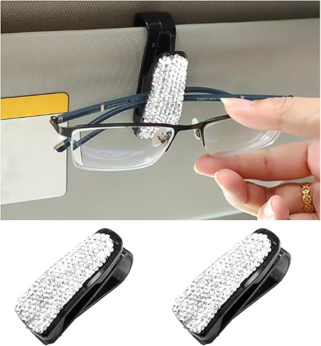 Miniatura 1 de Ziciner 2 soportes para lentes para visera solar de automóvil, diamantes de imitación de cristal brillante con clip para tarjeta de boleto,