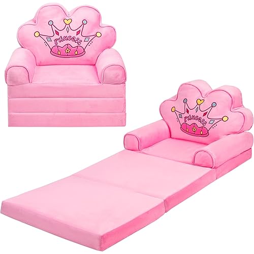 Getmo Resin Kids Couch Fold Out Toddler Chairs for Girls Sectional Baby Sofa Princess Chair for Bedroom Children's 2 in 1 Convertible Sofa to Lounger (Pink)