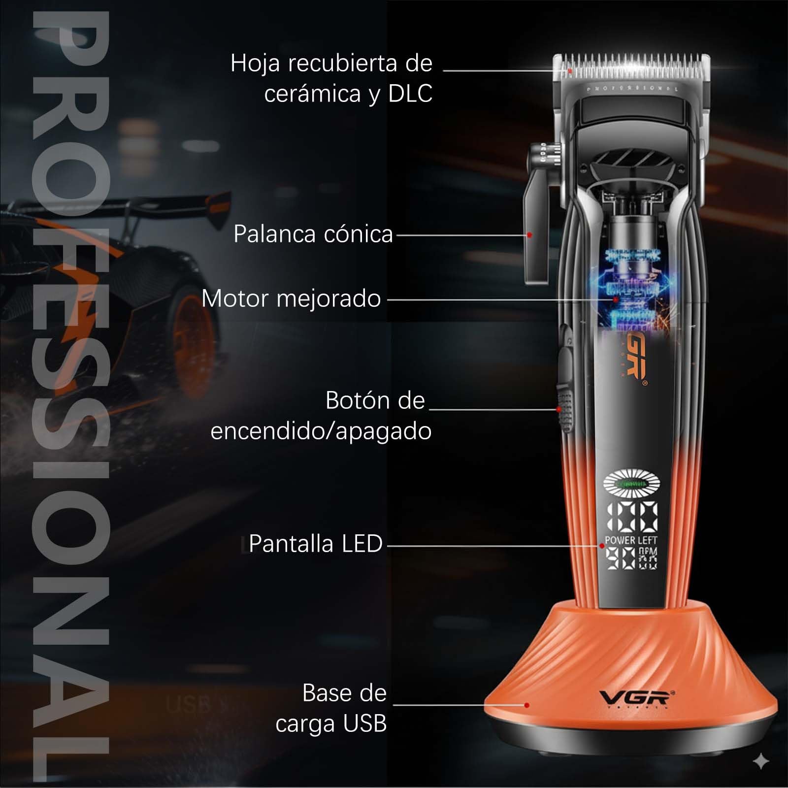 VGR 889C Maquina de Cortar Pelo Hombre Profesional, Función Turbo, Naranja | Máquina de Cortar Pelo Inalámbrica con Base, Cortapelos Ajustable Profesional Para Degradados con , Pantalla LED, Carga USB