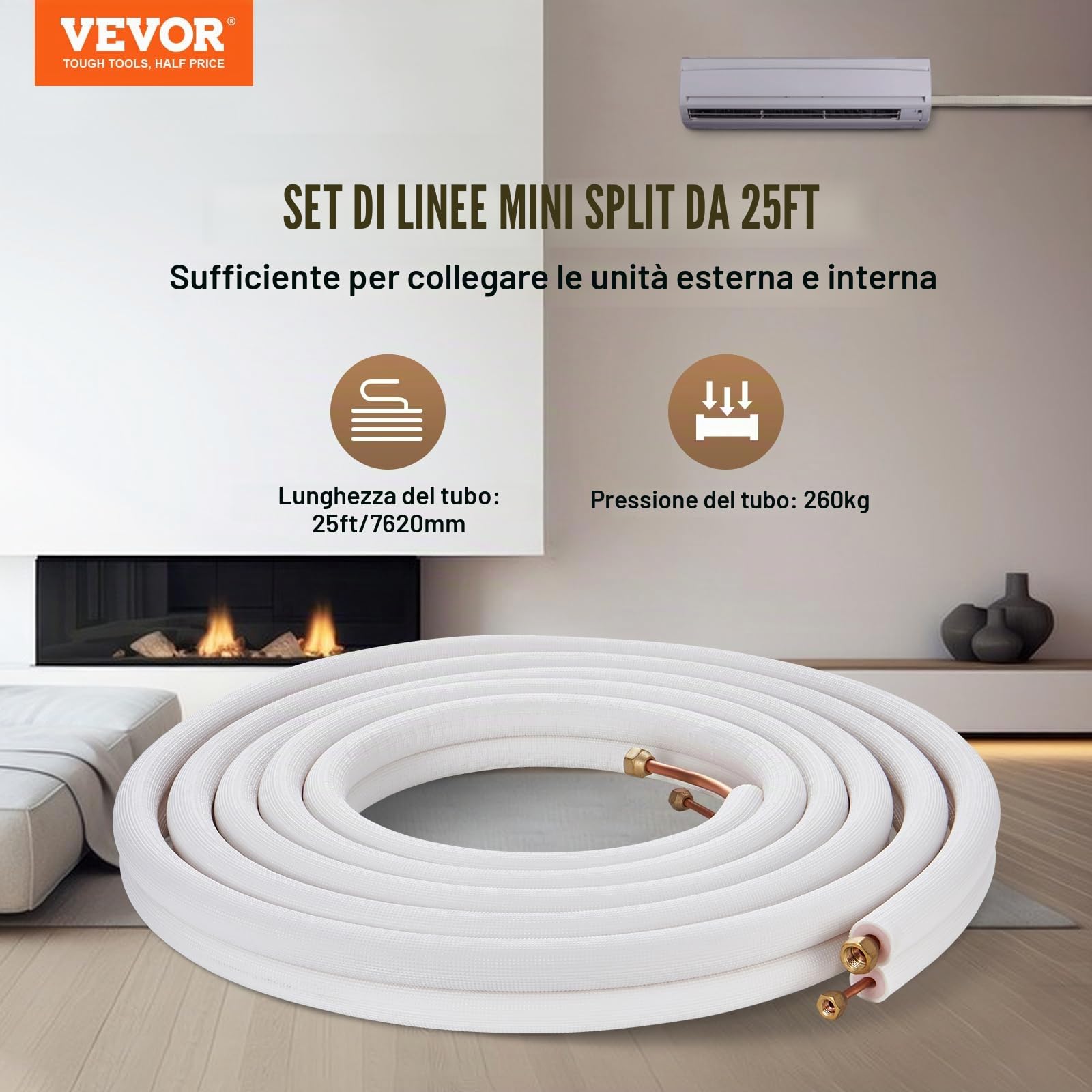 VEVOR Set Mini Split Line da 7620 mm, Tubi in Rame con Diametro Esterno 6,4 e 9,5 mm e Isolamento a Triplo Strato, Ricchi Accessori per Apparecchiature di Condizionamento Pompe Riscaldamento HVAC