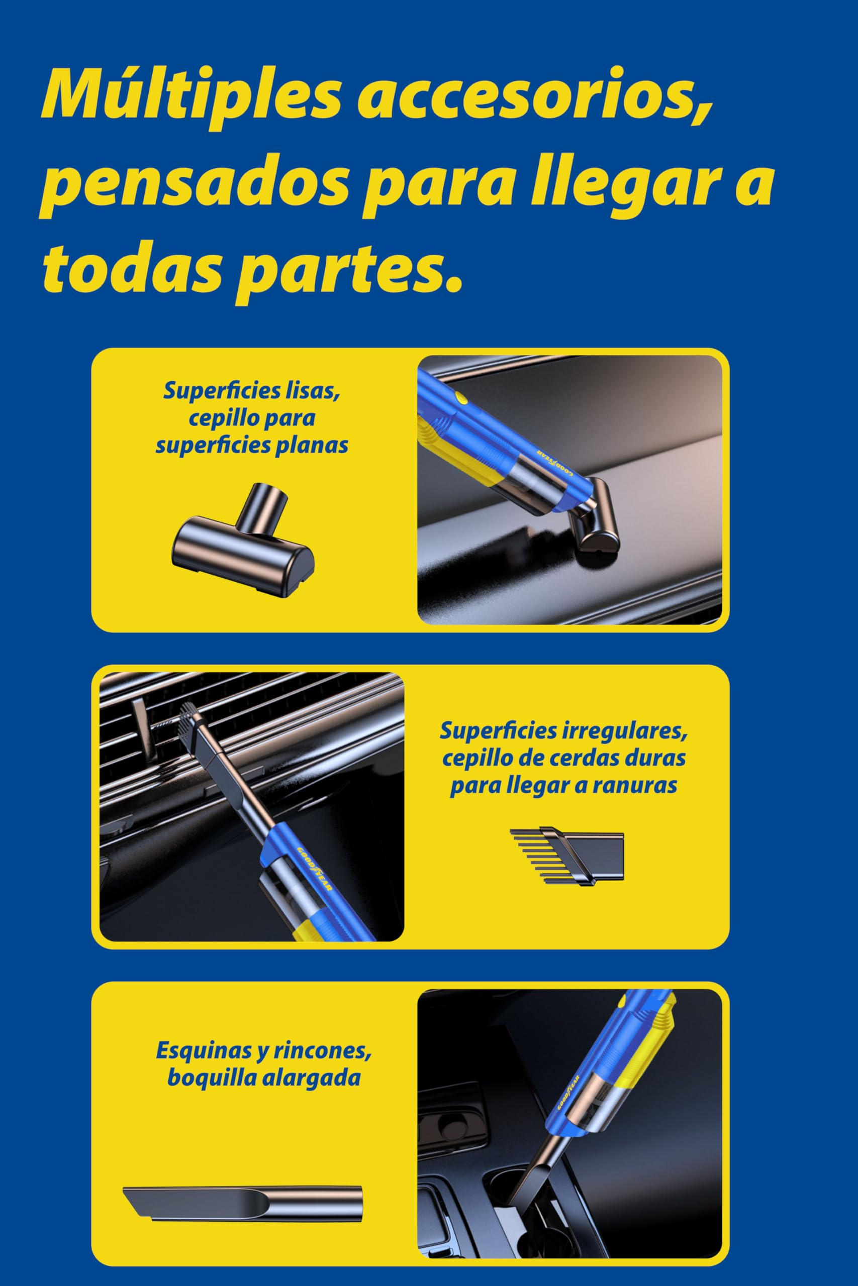 Goodyear Lineo Aspirador Portátil sin Cable para Coche, Hogar u Oficina. Motor 50W con Succión de 5.000Pa, Batería 1800mAh, Carga USB-C. Depósito 125 ml, Diseño Compacto y Silencioso
