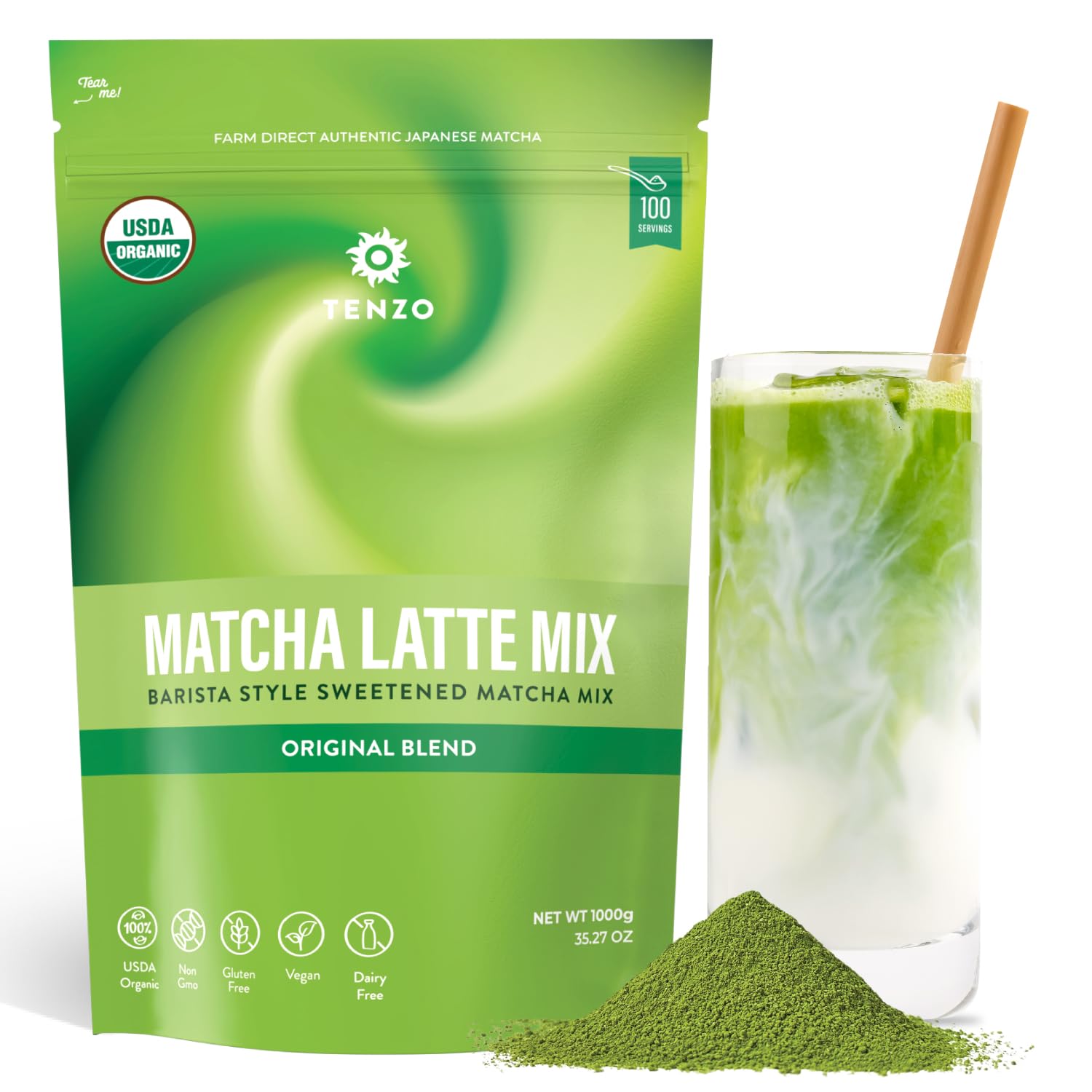 Tenzo Matcha Green Tea Powder, Organic Cafe Sweetened Matcha Latte Green Tea Powder, Ceremonial Barista Crafted Mix - Authentically Japanese - Matcha
