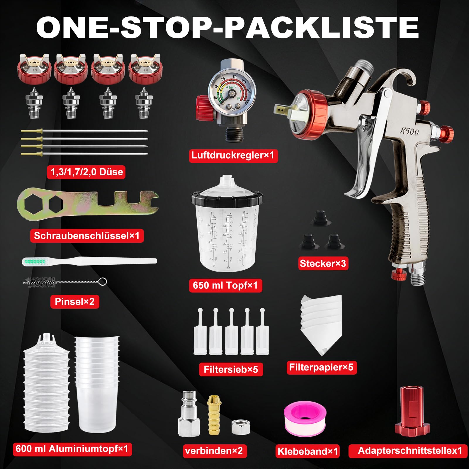 R500 LVLP Luftspritzpistole Spritzpistole Lackierpistole Druckluft 10 Einwegbecher 650 ml Düsen 1,3/1,5/1,7/2,0 mm Autolackierung