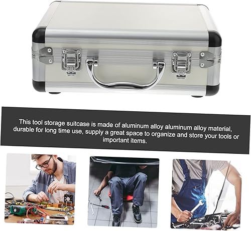 Miniatura 6 de Housoutil Práctica maleta de almacenamiento de mano organizador de caja de aluminio cerradura de seguridad para documentos herramientas plata