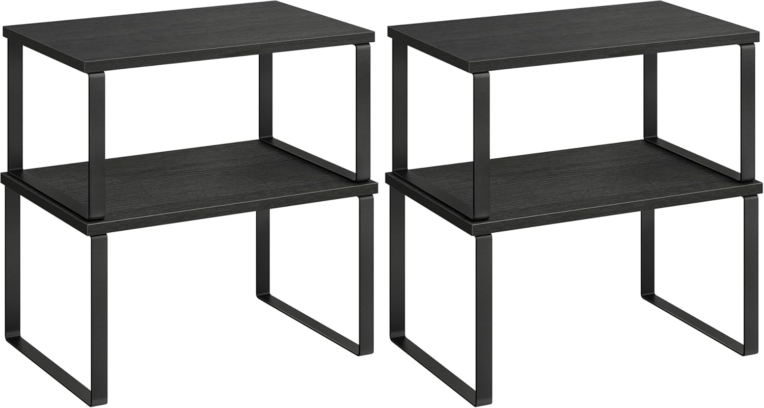 SONGMICS Cabinet Organizer Shelf, Set of 2 Kitchen Counter Shelves, Kitchen Storage, Spice Rack, Stackable, Expandable, Metal and Engineered Wood, Ink Black and Charcoal Black UKCS02B01 (Pack of 2)