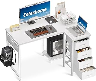 Coleshome Eckschreibtisch, 100x70cm Schreibtisch L Form mit 4 Schubladen, Umkehrbarer Computertisch for Büro Arbeitszimmer Schlafzimmer, Weiß