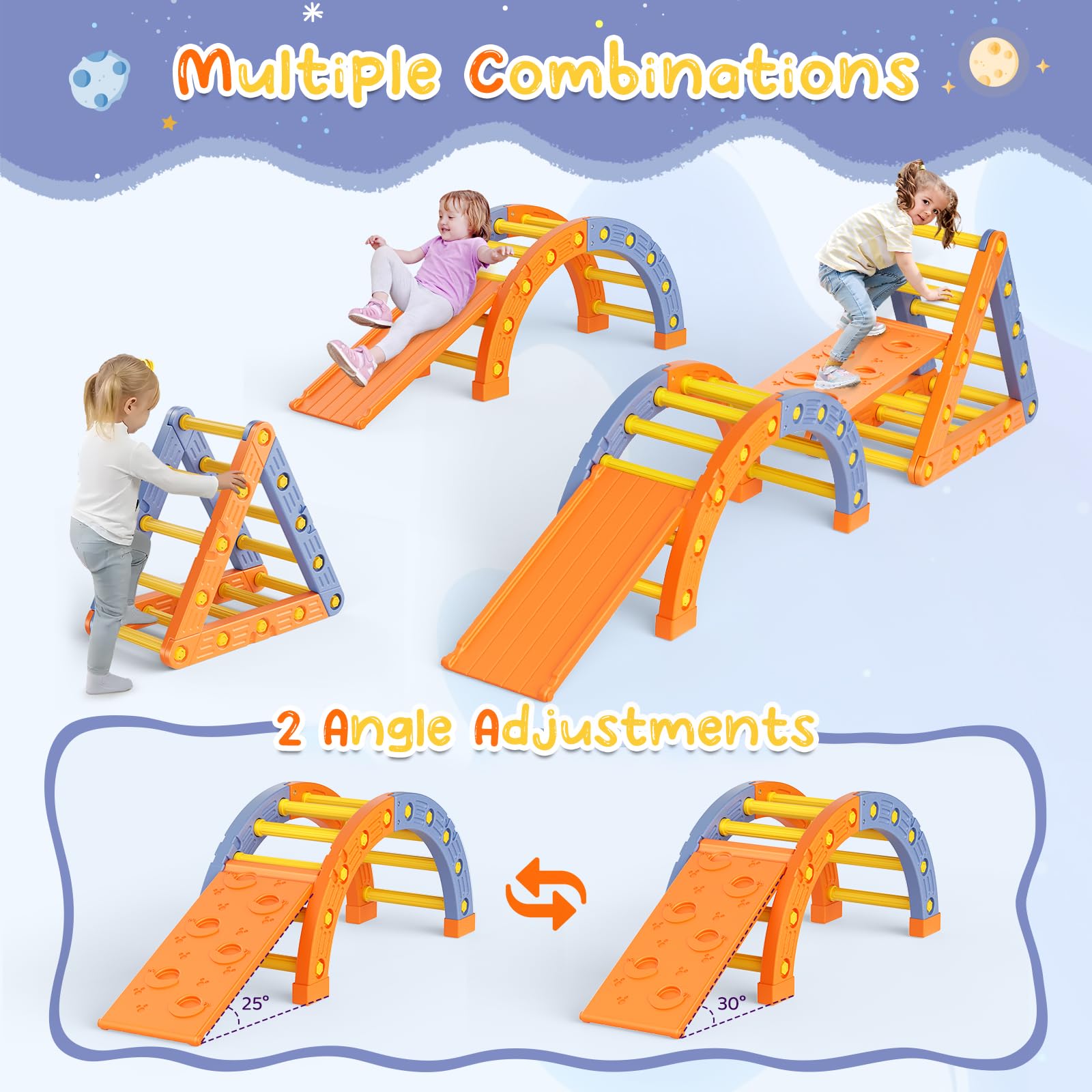 Montessori Klettergerüst Set, Indoor Kletterdreieck mit Dreieckiges Klettergerüst,Halbkreis, Leiter,Rutsche aus Kunststoff Kletterturnhalle für Babys (Orangeblau 005)