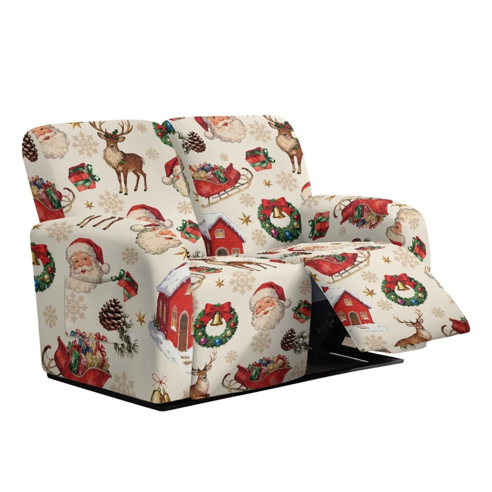Świąteczny pokrowiec na leżankę Loveseat, beżowy, Święty Mikołaj, miękkie pokrowce na kanapę z boczną kieszenią, do sypialni, sanek, odporny na plamy, ochraniacz na meble, pokrowiec do hotelu