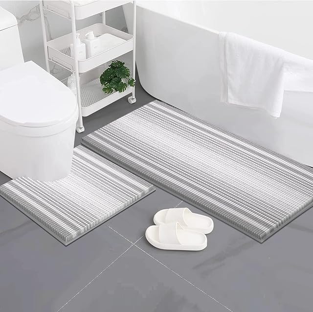 McEu Bath Mats for Bathroom and Inside Bath 2 Piece Set, Non Slip Thick Absorbent Chenille Bath Mat, Machine Washable (120 x 51 cm Bath Mats and 51 x 51 U Toilet Mat U Shaped - Grey)