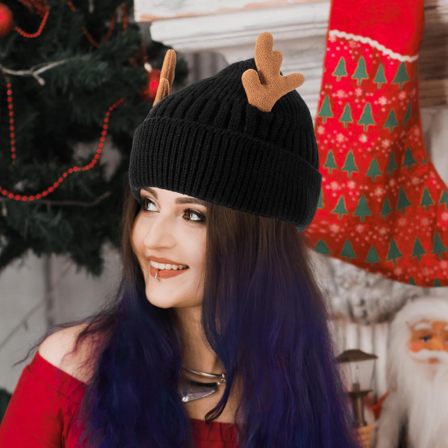 1 Pack Reindeer Beanie Antler Warm Cap Christmas Knitted Beanie Hat for Adults Women Adults(Black) - Image 3