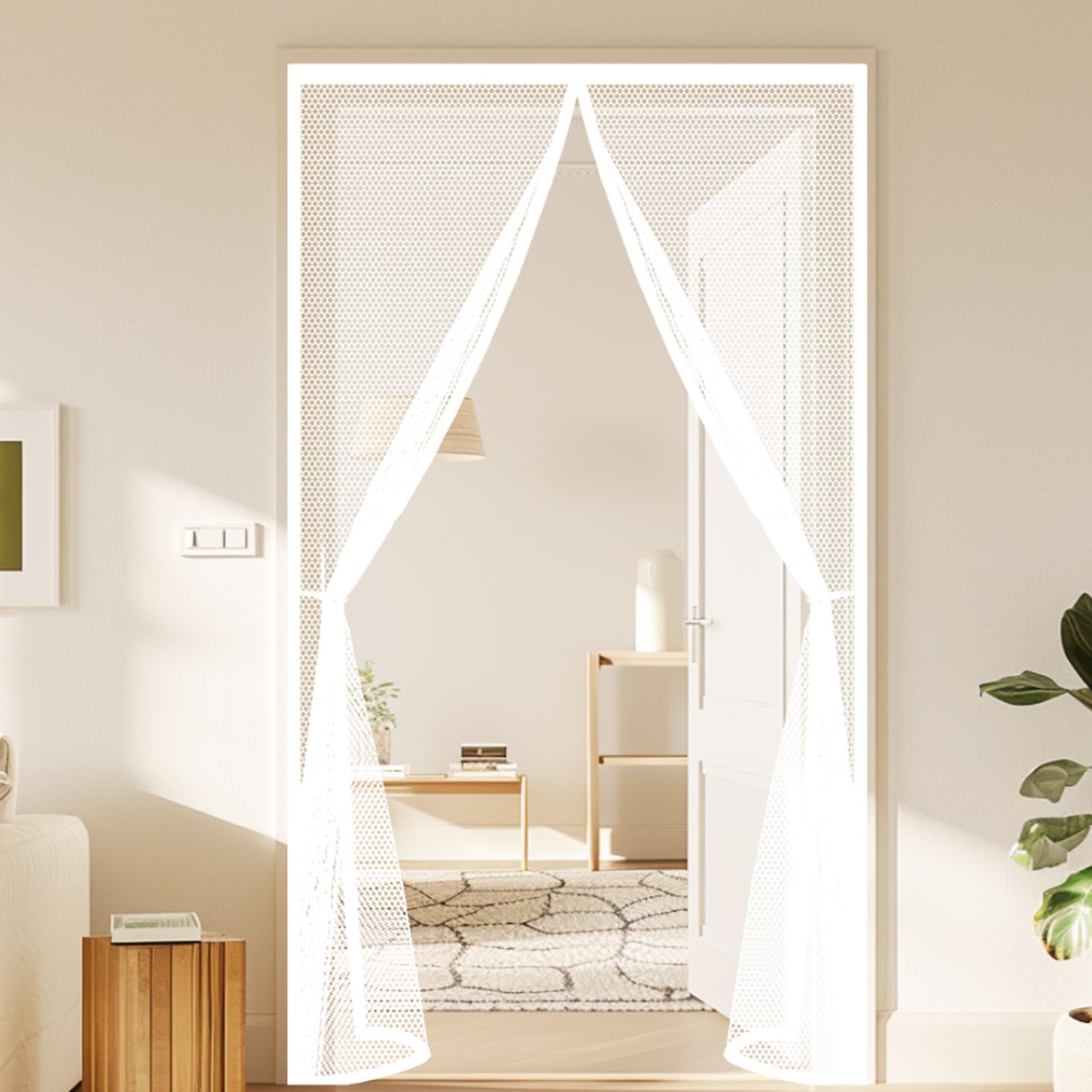 Magnetic Screen Door 96 x 255 cm Keep Insects Out Self-Sealing Powerful Magnets Mesh Door Screen Hands Free No Drill Installation for Patio Bedroom Sliding Kitchen, White