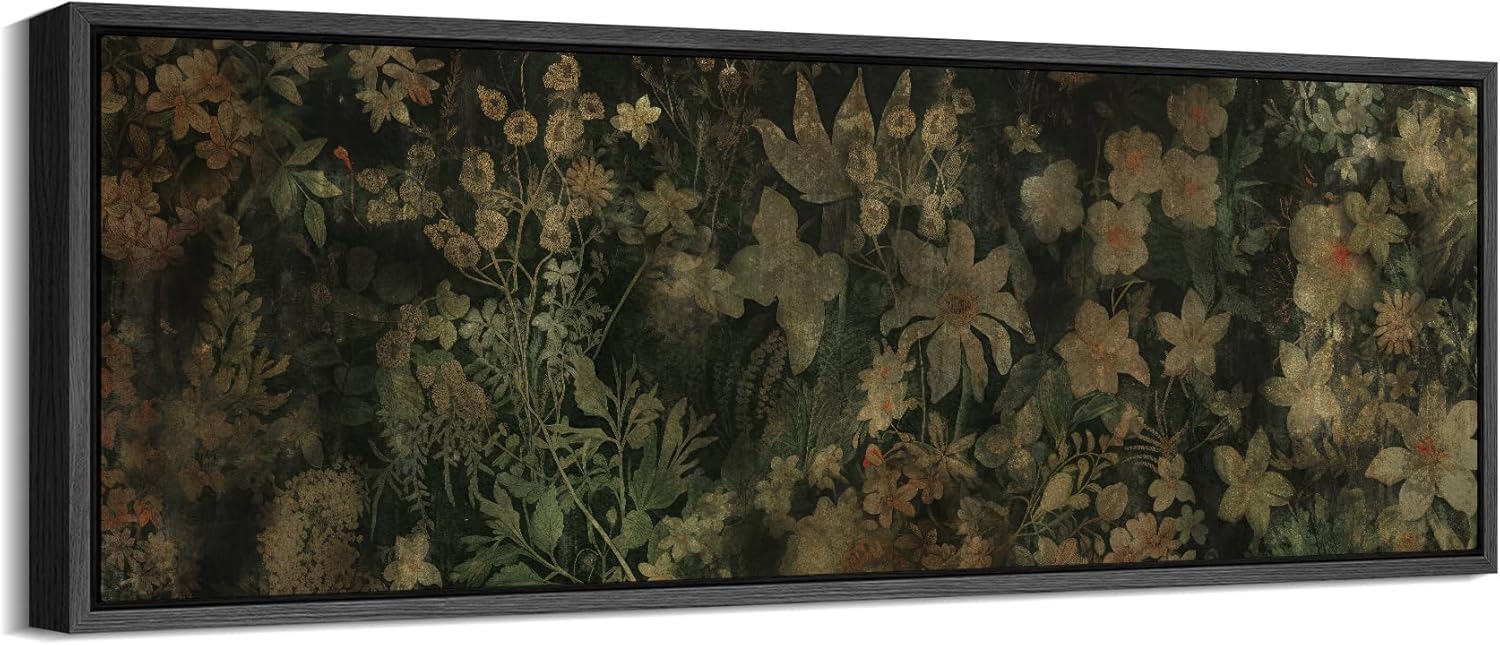 MUDECOR Large Framed Canvas Print Wall Art Dark Vintage Botanical Moody Floral Retro Fine Art Illustrations Decorative Colorful Multicolor for Bedroom - 60"x20"